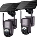 Xega 2 Pièces Caméra de sécurité Solaire extérieure sans Fil, caméra de vidéosurveillance PTZ Caméra de Surveillance Wi-FI Vision Nocturne Couleur PIR Détection Humaine Audio bidirectionnel