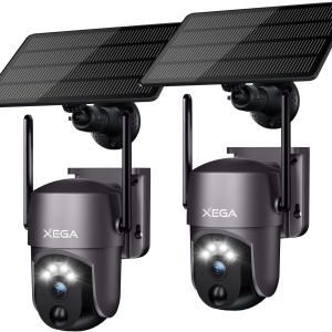 Xega 2 Pièces Caméra de sécurité Solaire extérieure sans Fil, caméra de vidéosurveillance PTZ Caméra de Surveillance Wi-FI Vision Nocturne Couleur PIR Détection Humaine Audio bidirectionnel