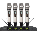 GTD Audio 4 x100 Canaux de fréquence interchangeables Microphone sans fil UHF Système de micro karaoké DJ, portée 400Ft, Batterie 12 heures (4 micros à main)