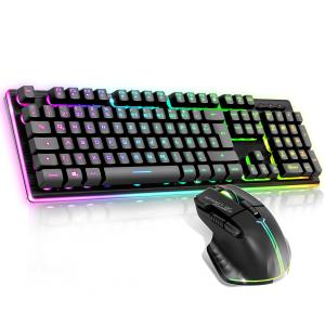 Pack Clavier Souris sans Fil Gamer Rechargeable RGB, Structure Aluminium, QWERTZ DE Rétroéclairé, Gaming Keyboard Semi Mécanique, Wireless Mouse 4800 DPI, PC, Noir